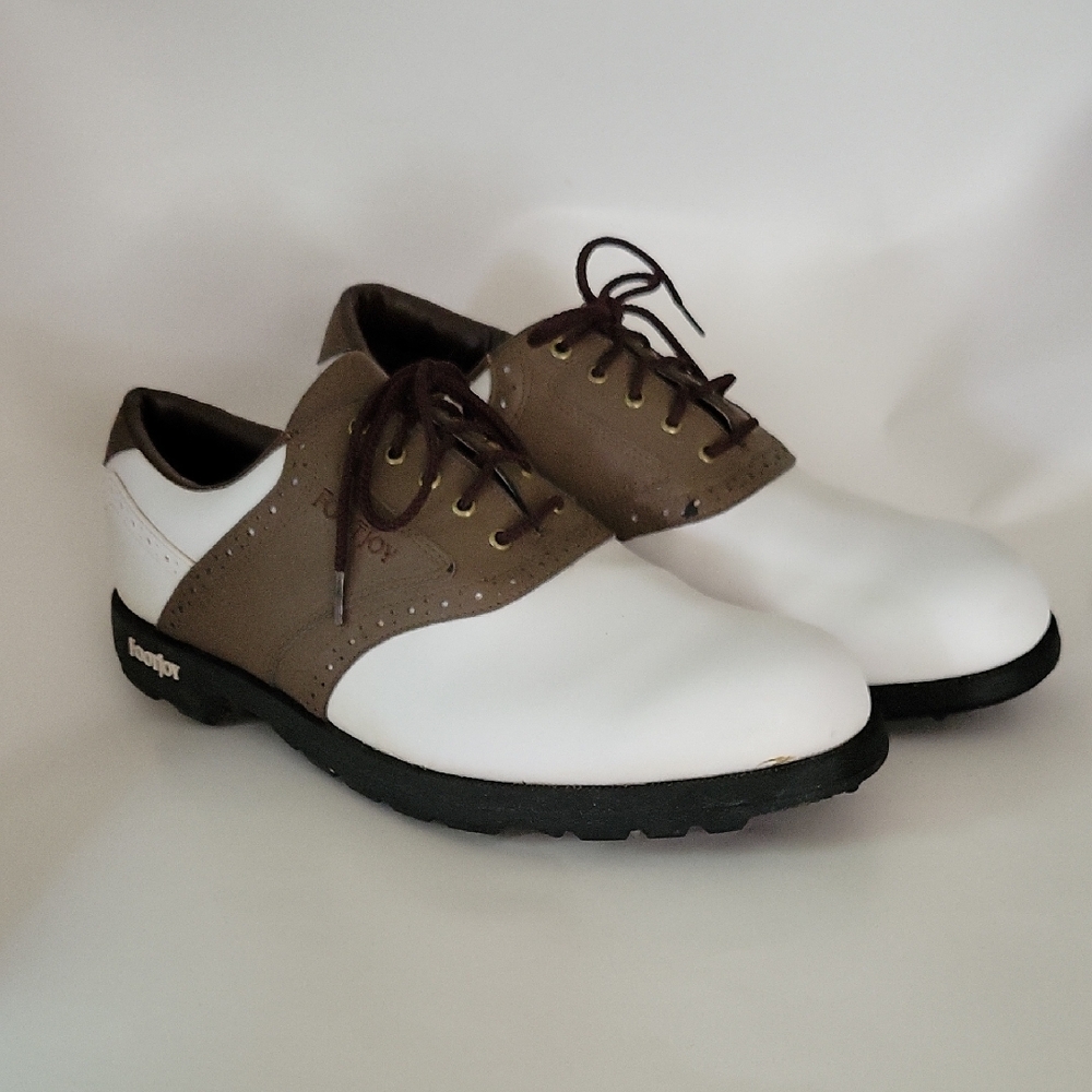 FootJoy Mens Saddleshoe Golf Shoes Taupe White Black Lace Up Sz 10